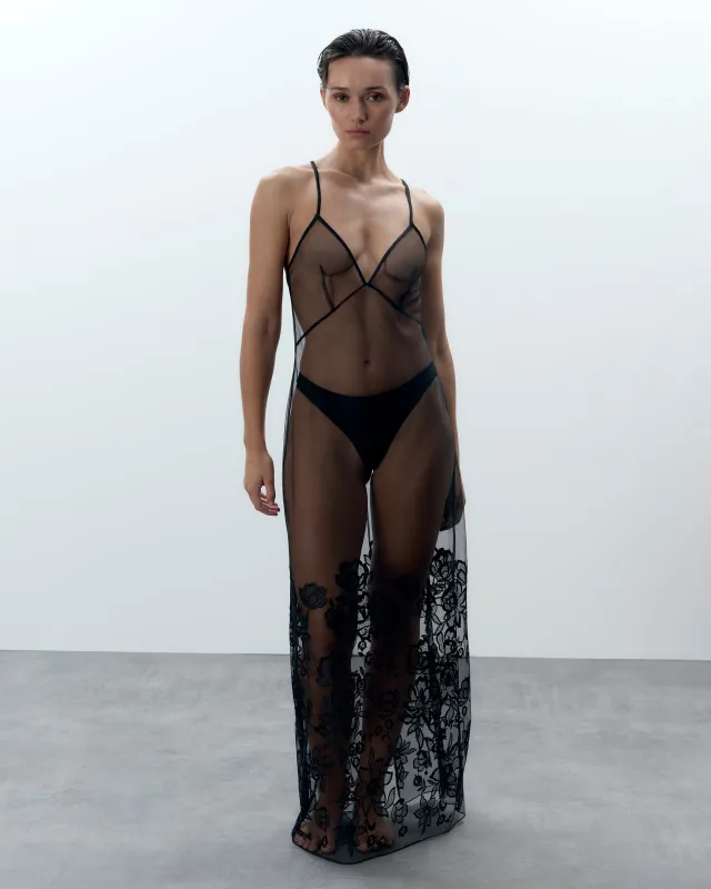 Penelope Sheer Long Chemise Black sold by Bluebella