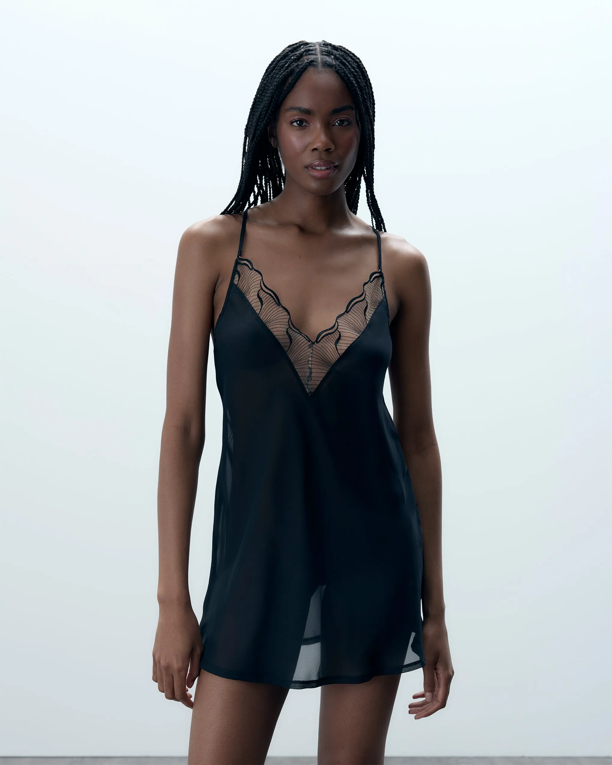 Marabel Chiffon Sheer Chemise Black sold by Bluebella