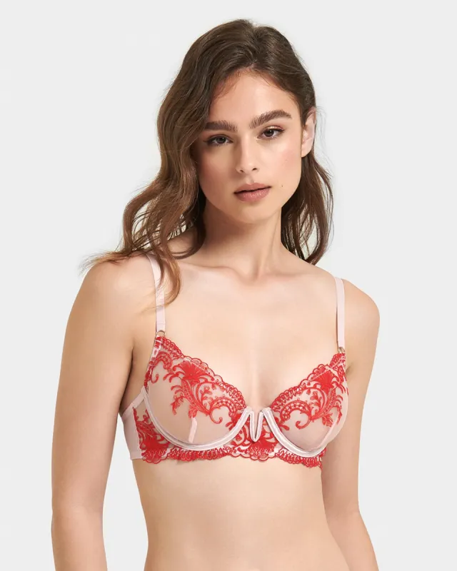 Marseille Embroidered Sheer Bra Red/Pink sold by Bluebella