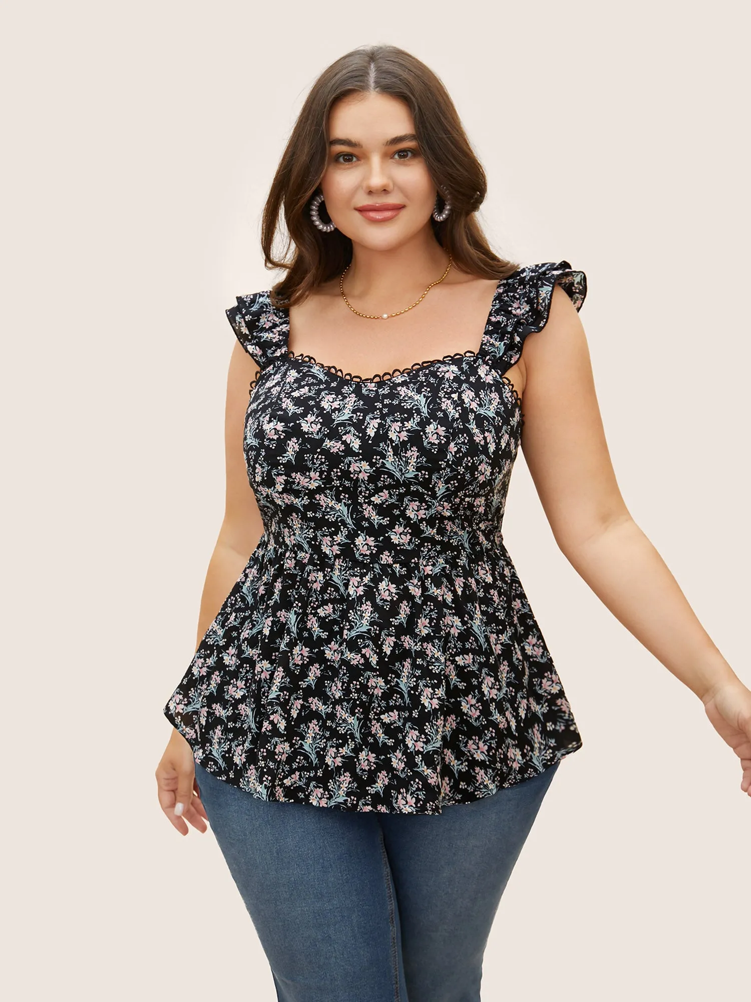 Ditsy Floral Tiered Ruffles Lace Trim Tank Top sold by Bloomchic