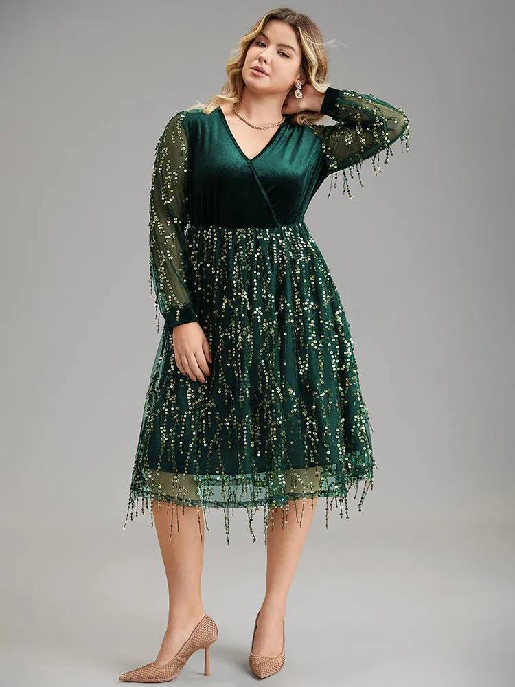 Velvet Sequin Tassels Mesh Surplice Neck Dress sold by Bloomchic product image thumbnail 4