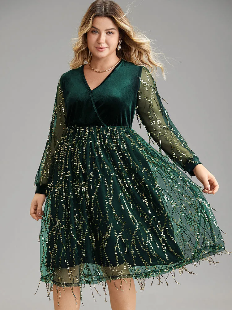 Velvet Sequin Tassels Mesh Surplice Neck Dress sold by Bloomchic product image thumbnail 3