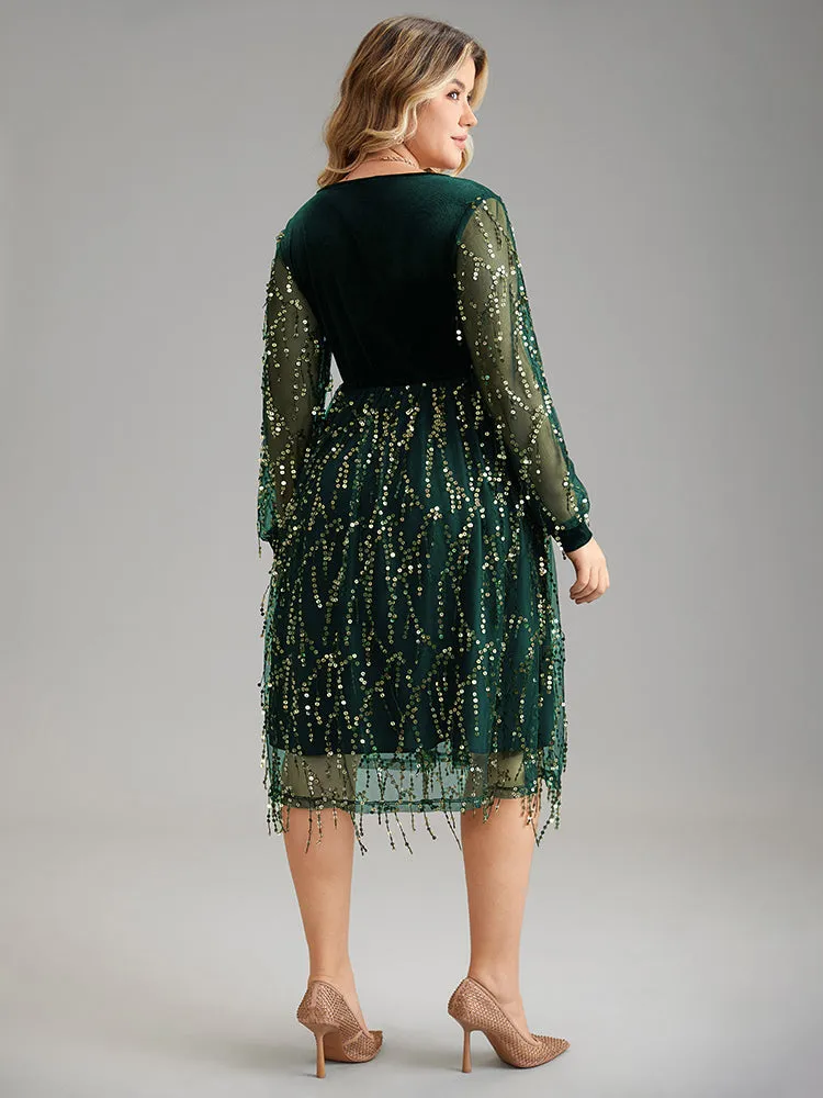 Velvet Sequin Tassels Mesh Surplice Neck Dress sold by Bloomchic product image thumbnail 2