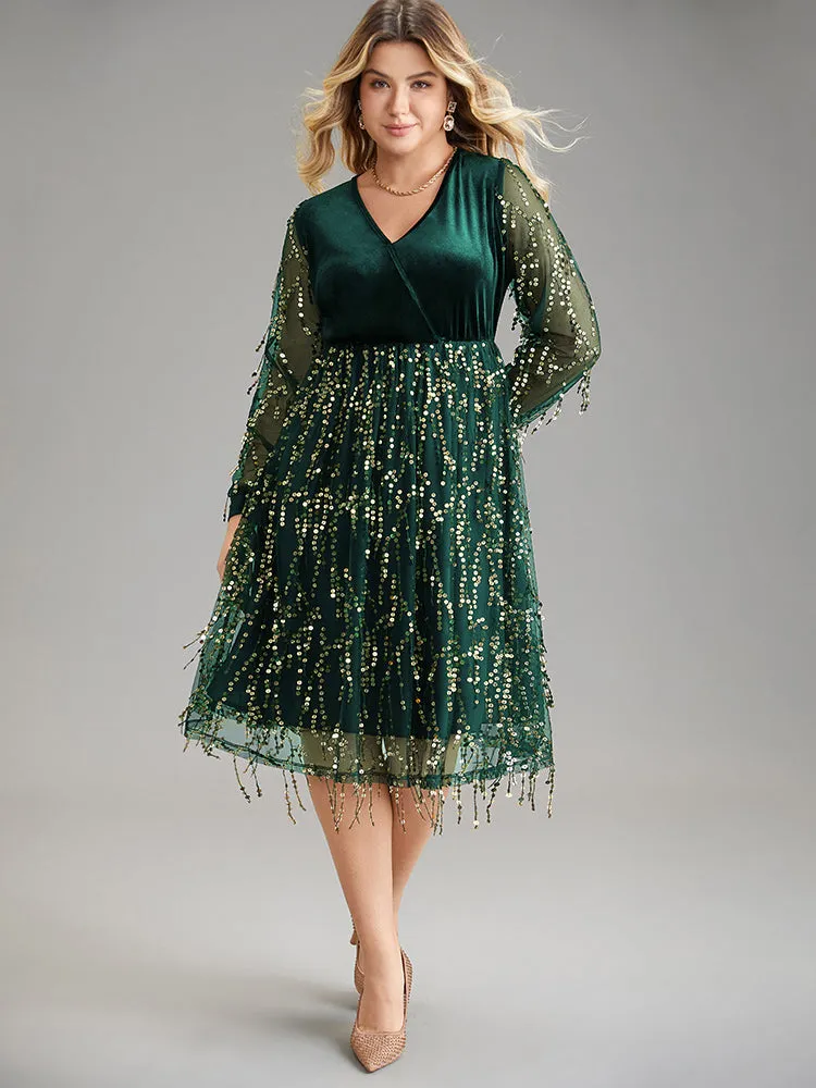 Velvet Sequin Tassels Mesh Surplice Neck Dress sold by Bloomchic