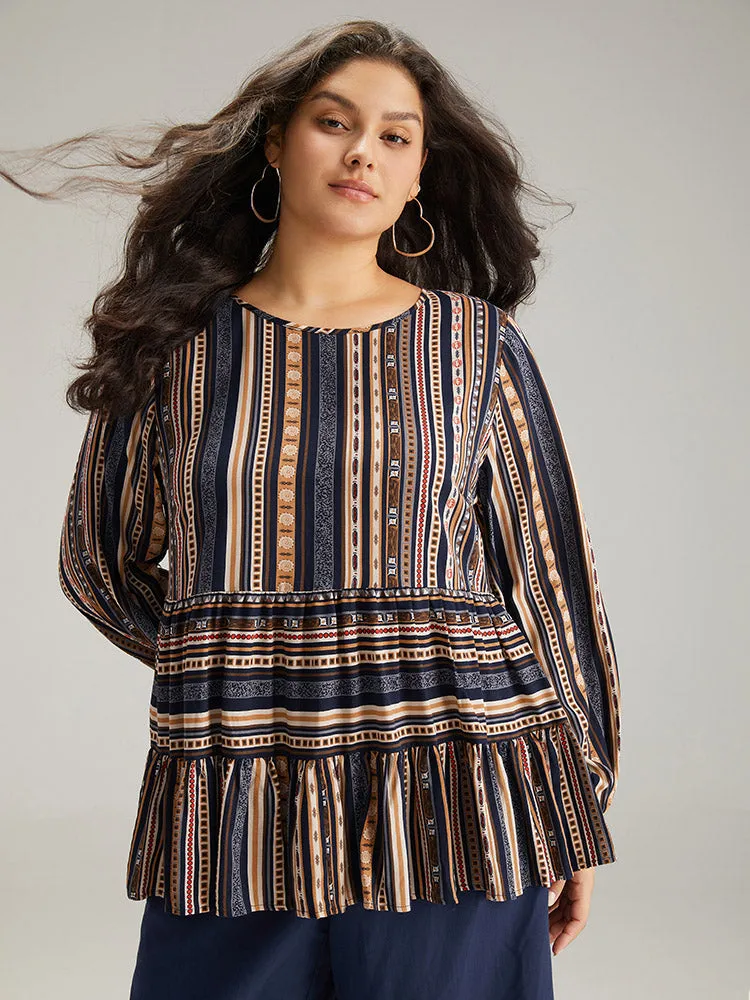 Bandana Stried Crew Neck Gathered Blouse sold by Bloomchic product image thumbnail 2