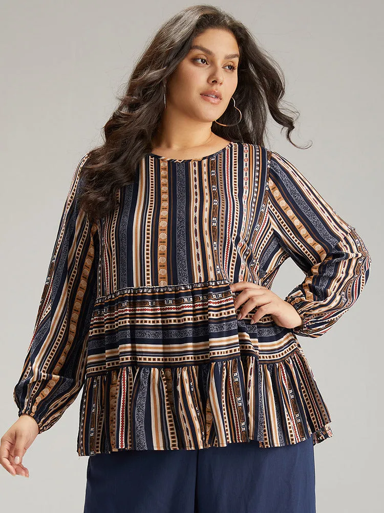 Bandana Stried Crew Neck Gathered Blouse sold by Bloomchic