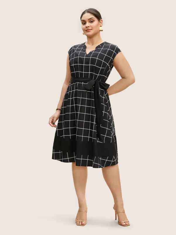 Plaid Notched Belted Cap Sleeve Midi Dress sold by Bloomchic