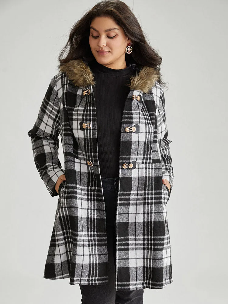Plaid Patchwork Duffle Button Fuzzy Trim Coat sold by Bloomchic