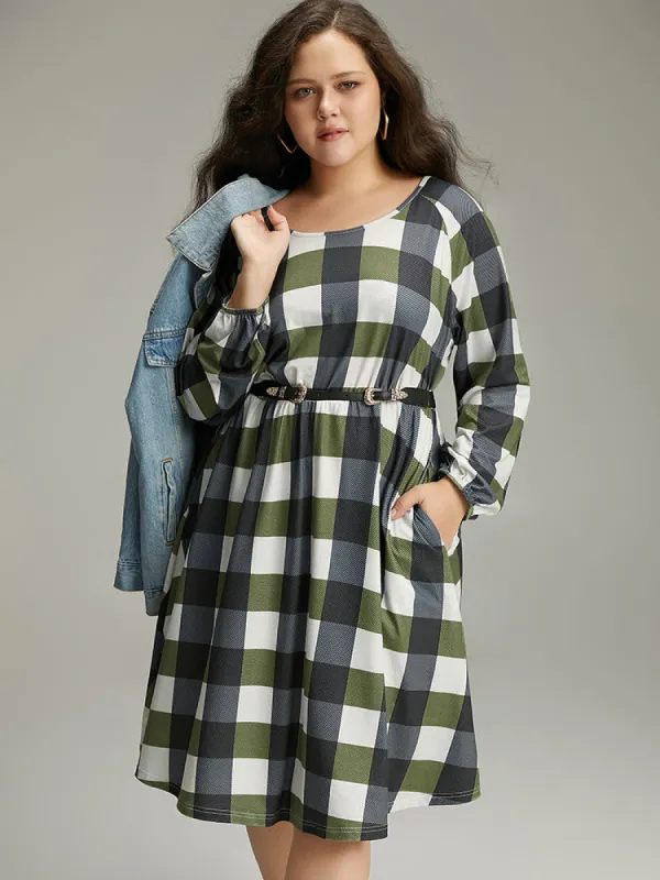 Plaid Lantern Sleeve Ruffle Hem Dress sold by Bloomchic