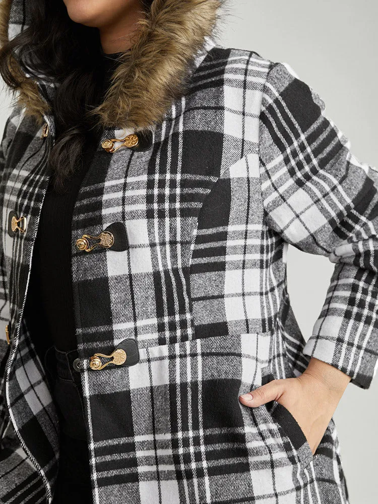 Plaid Patchwork Duffle Button Fuzzy Trim Coat sold by Bloomchic product image thumbnail 5