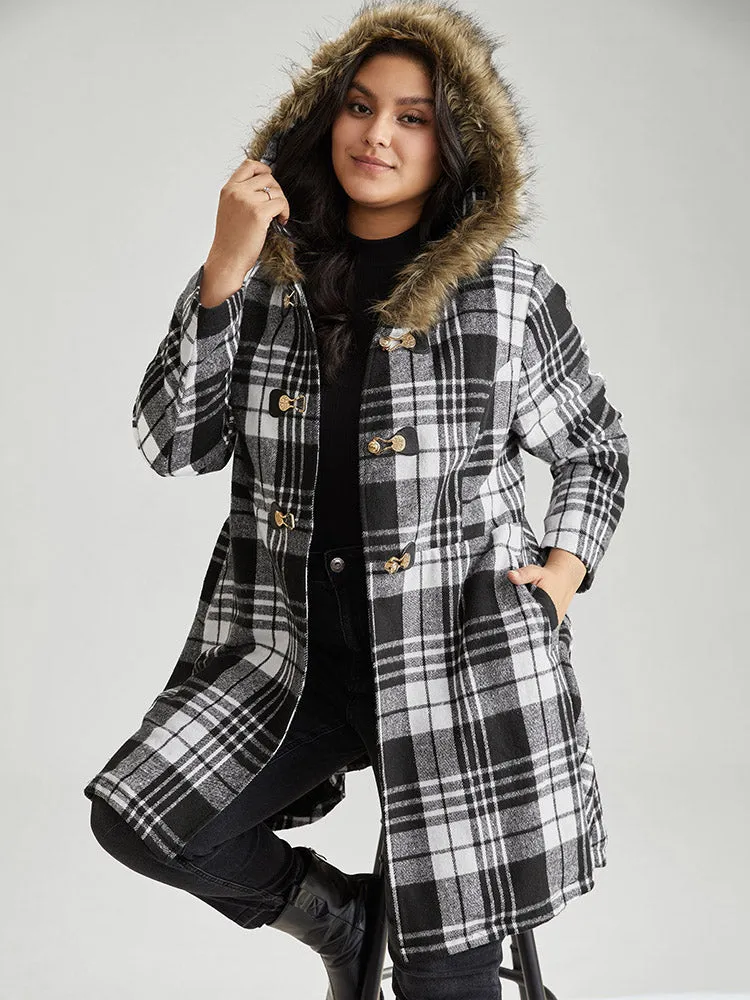 Plaid Patchwork Duffle Button Fuzzy Trim Coat sold by Bloomchic product image thumbnail 2