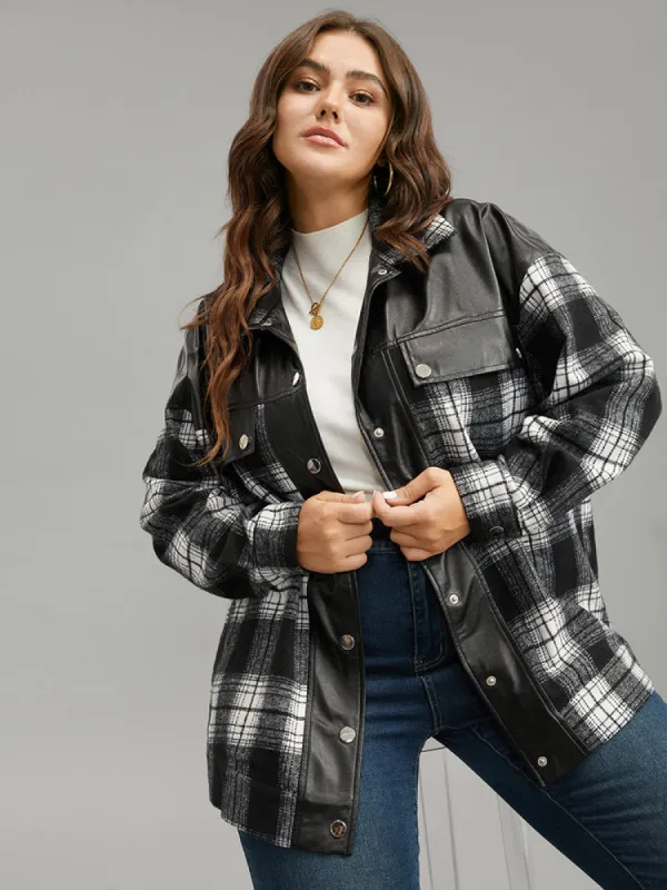 Plaid Patchwork Contrast Button Up Shacket sold by Bloomchic