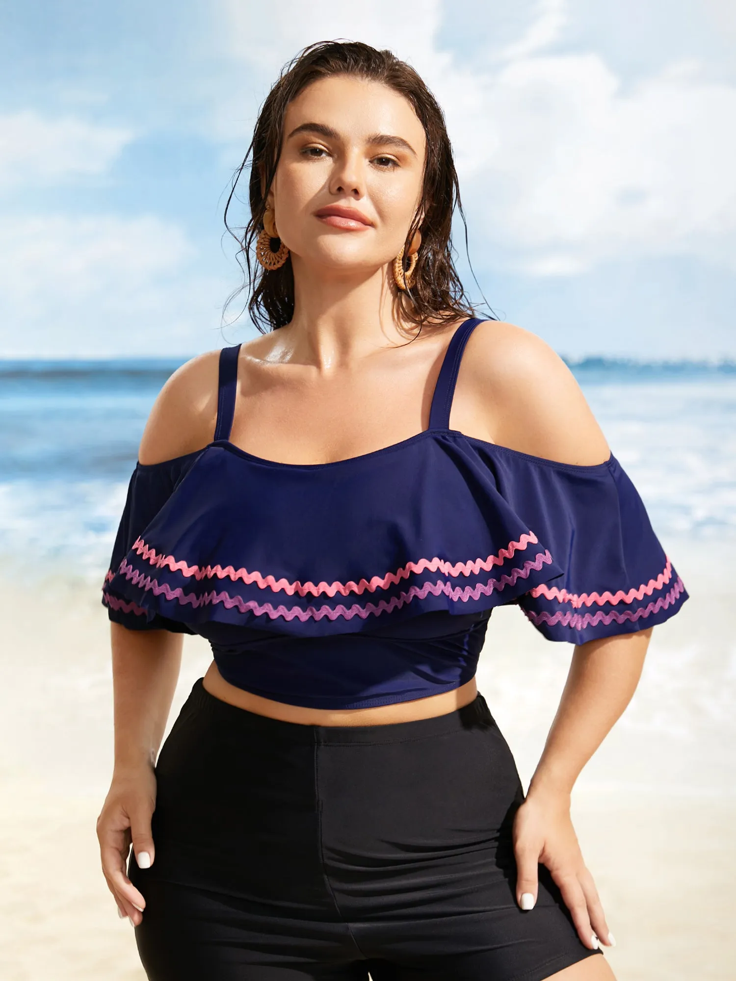 Off Shoulder Woven Ribbon Ruffle Trim Swim Top sold by Bloomchic