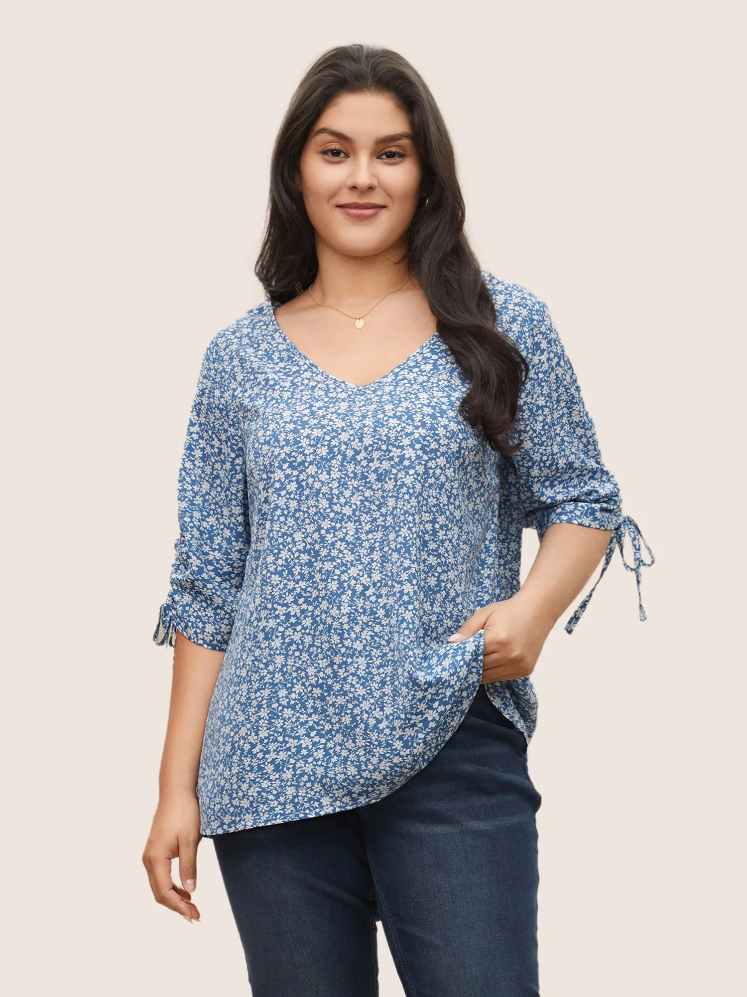 Ditsy Floral Knot Ties Sleeve Blouse sold by Bloomchic