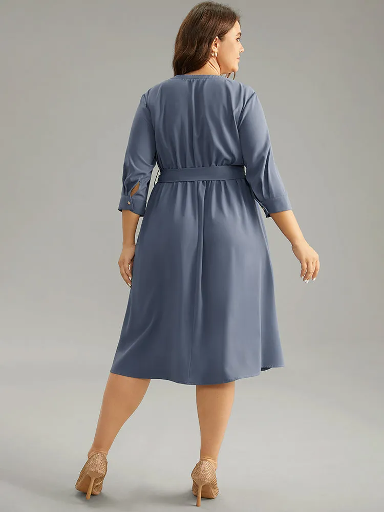 Anti-Wrinkle Solid Belted Pleated Keyhole Dress sold by Bloomchic product image thumbnail 3