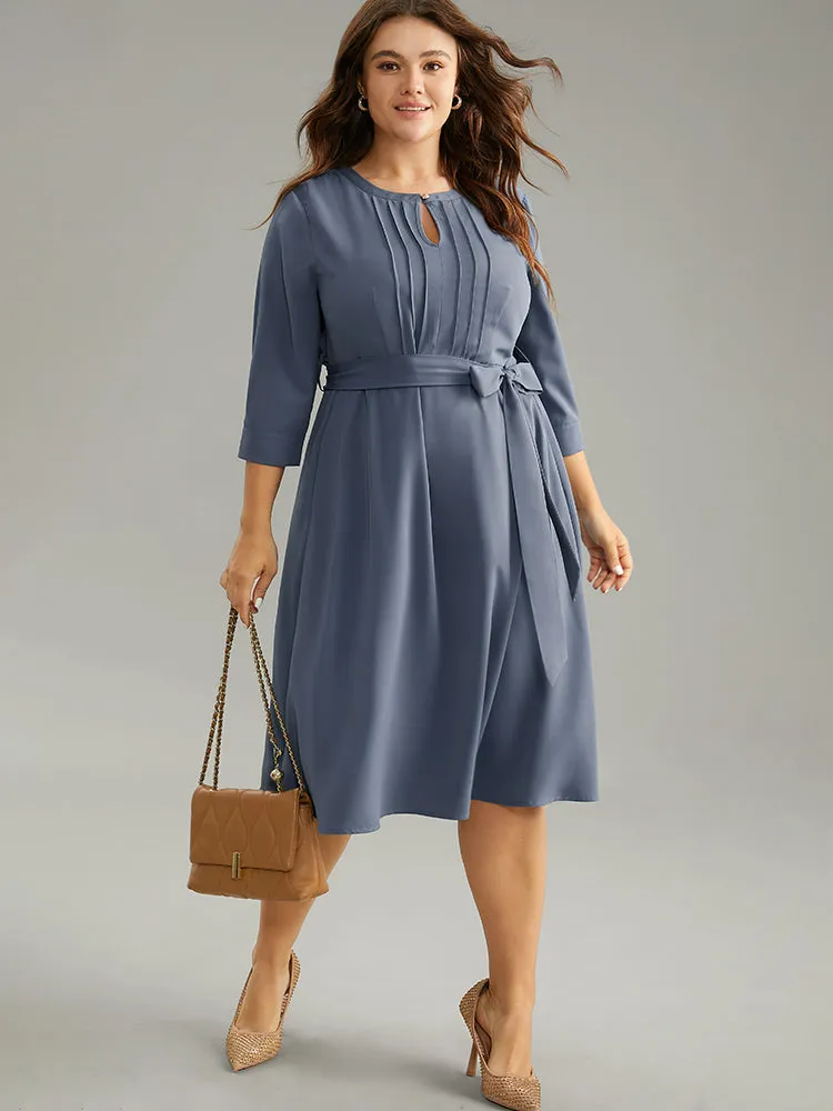 Anti-Wrinkle Solid Belted Pleated Keyhole Dress sold by Bloomchic