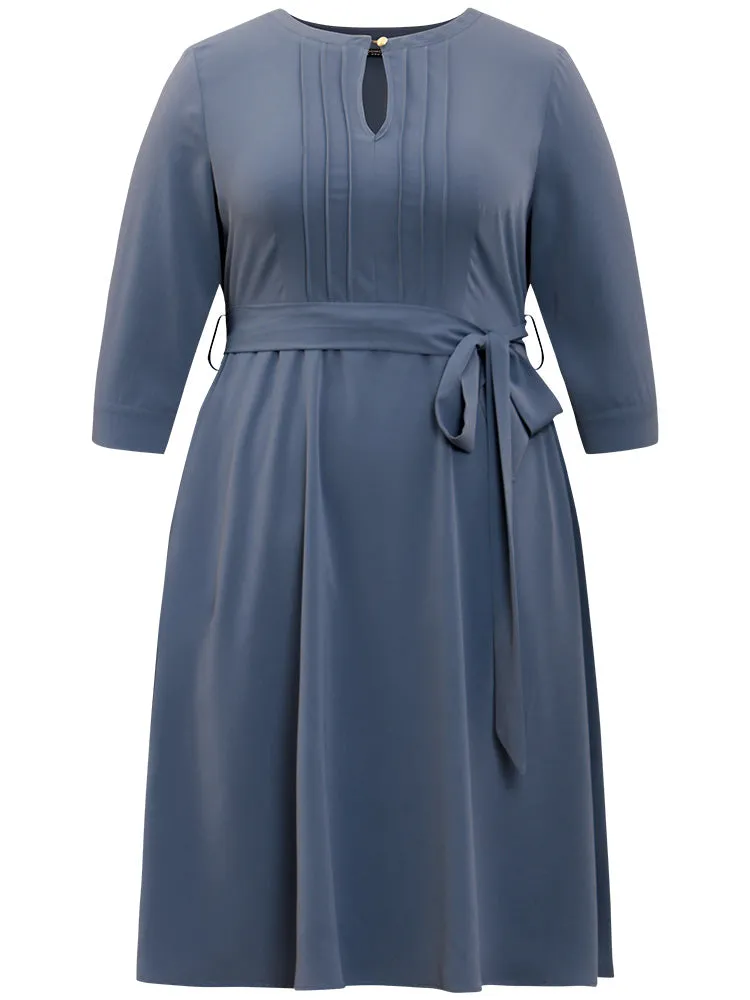 Anti-Wrinkle Solid Belted Pleated Keyhole Dress sold by Bloomchic product image thumbnail 5