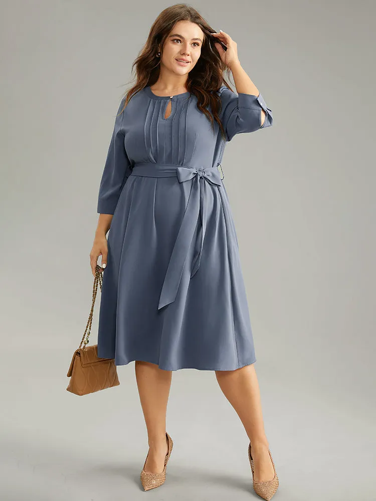 Anti-Wrinkle Solid Belted Pleated Keyhole Dress sold by Bloomchic product image thumbnail 2