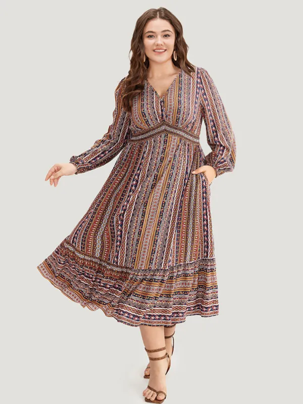 Bandana Striped Lantern Sleeve Patchwork Dress sold by Bloomchic
