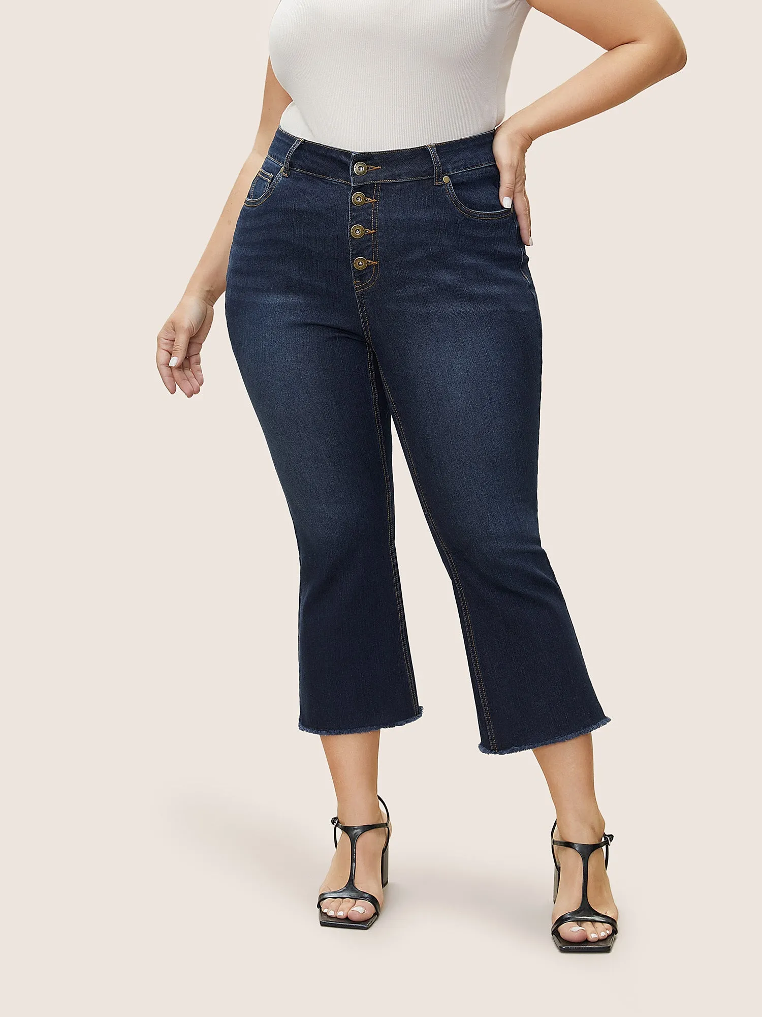 Dark Wash Frayed Hem Cropped Bootcut Jeans sold by Bloomchic