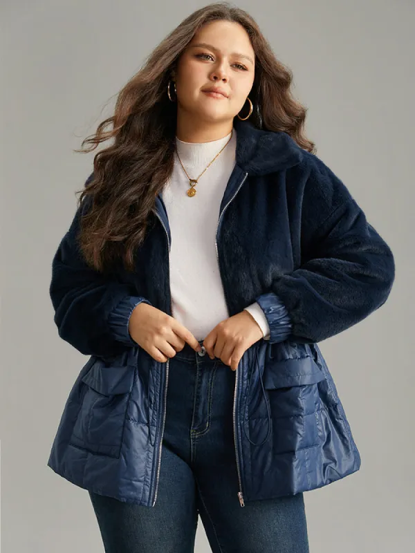 Fuzzy Patchwork Zipper Drawstring Coat sold by Bloomchic