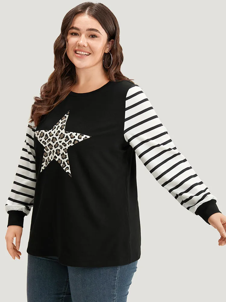 Star Leopard Print Striped Patchwork Crew Neck Sweatshirt sold by Bloomchic product image thumbnail 3