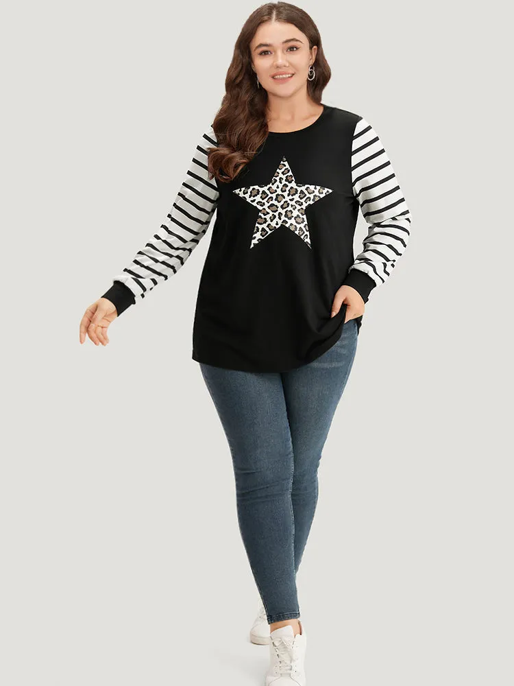 Star Leopard Print Striped Patchwork Crew Neck Sweatshirt sold by Bloomchic product image thumbnail 4