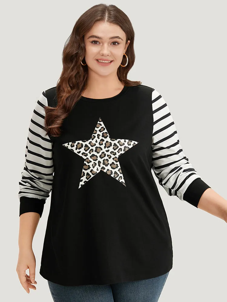 Star Leopard Print Striped Patchwork Crew Neck Sweatshirt sold by Bloomchic