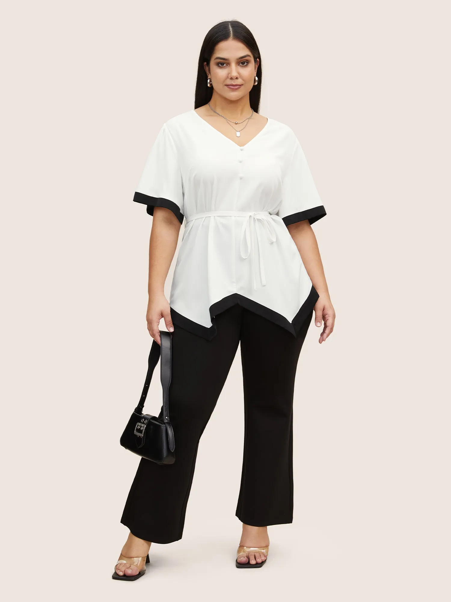 V Neck Patchwork Contrast Tie Knot Blouse sold by Bloomchic product image thumbnail 2