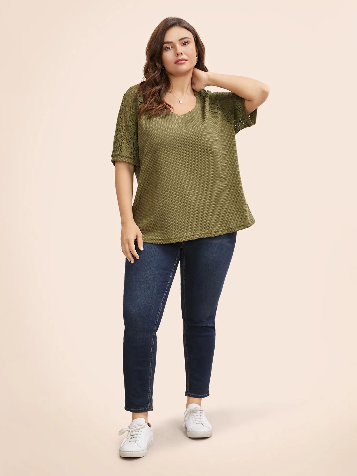 V Neck Waffle Knit Crochet Lace T-shirt sold by Bloomchic product image thumbnail 3