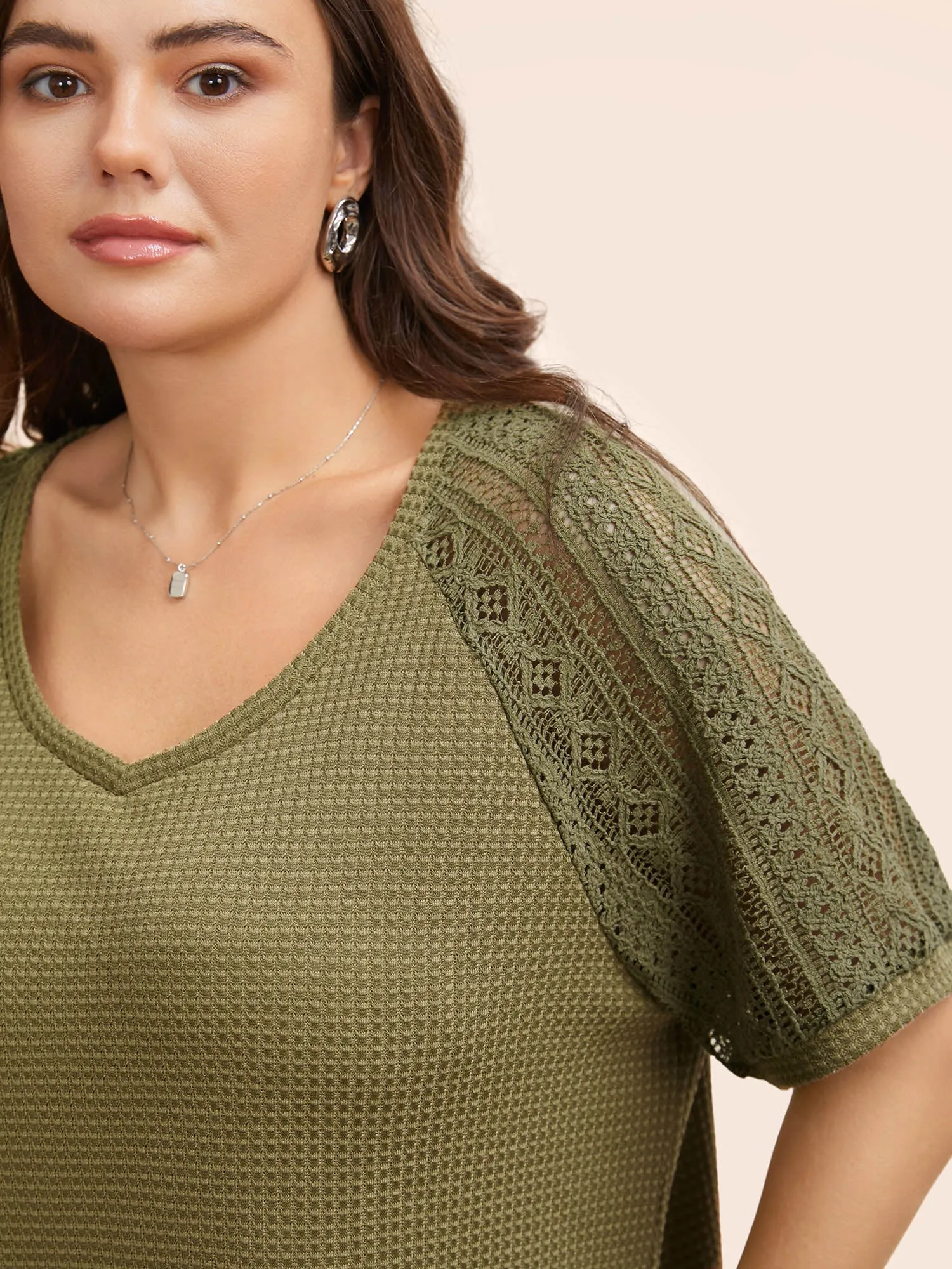 V Neck Waffle Knit Crochet Lace T-shirt sold by Bloomchic product image thumbnail 4