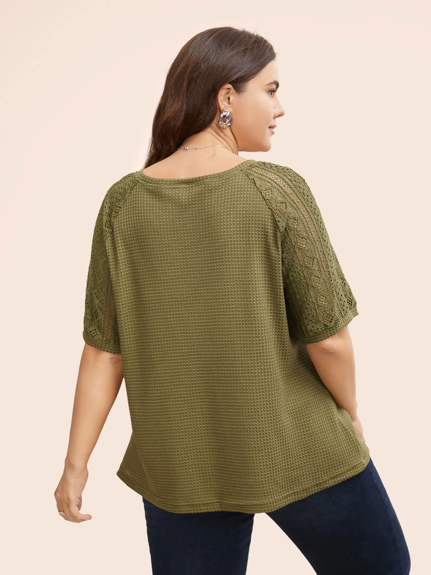 V Neck Waffle Knit Crochet Lace T-shirt sold by Bloomchic product image thumbnail 2