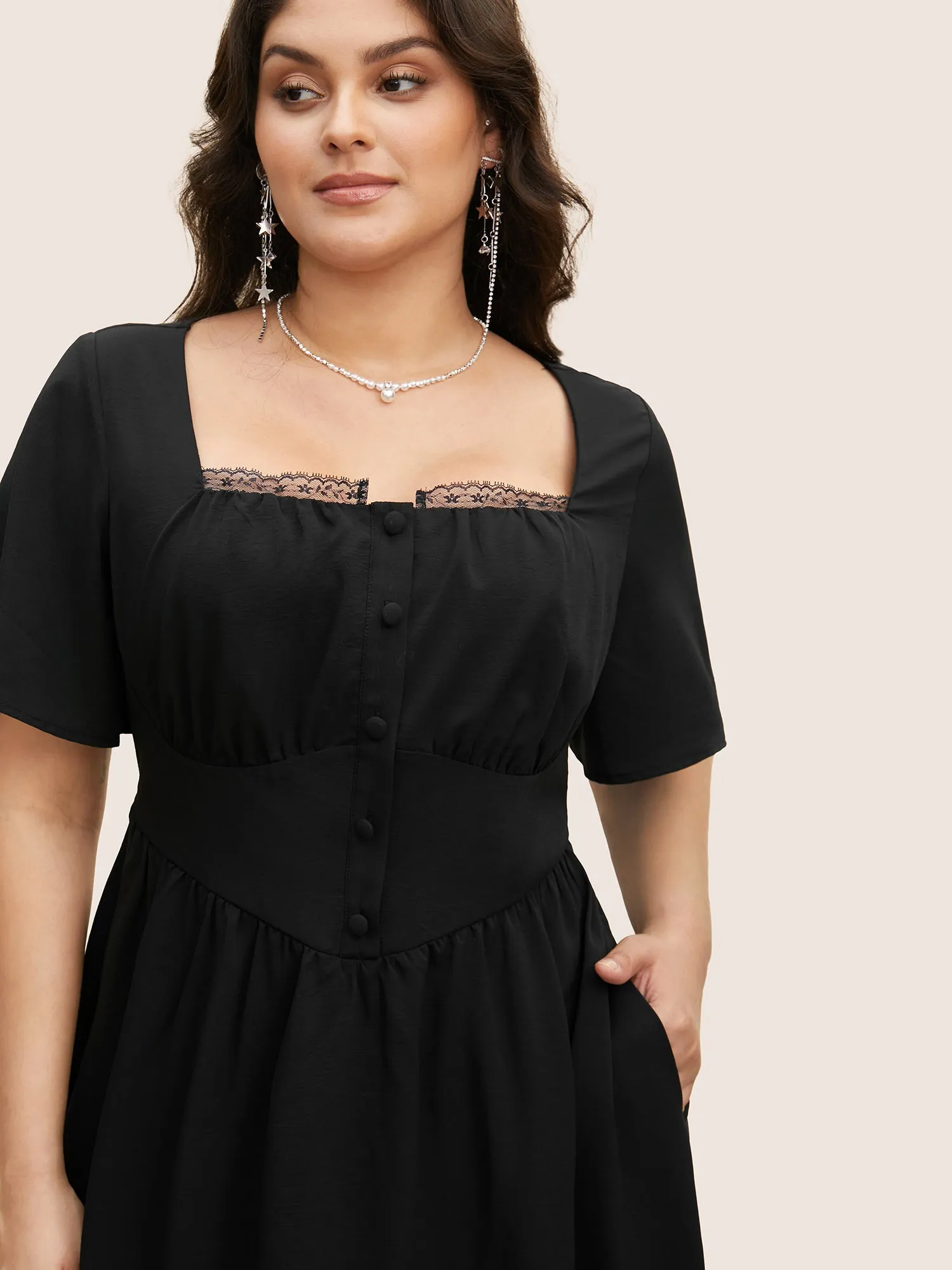 Square Neck Guipure Lace Ruffle Sleeve Dress sold by Bloomchic product image thumbnail 2