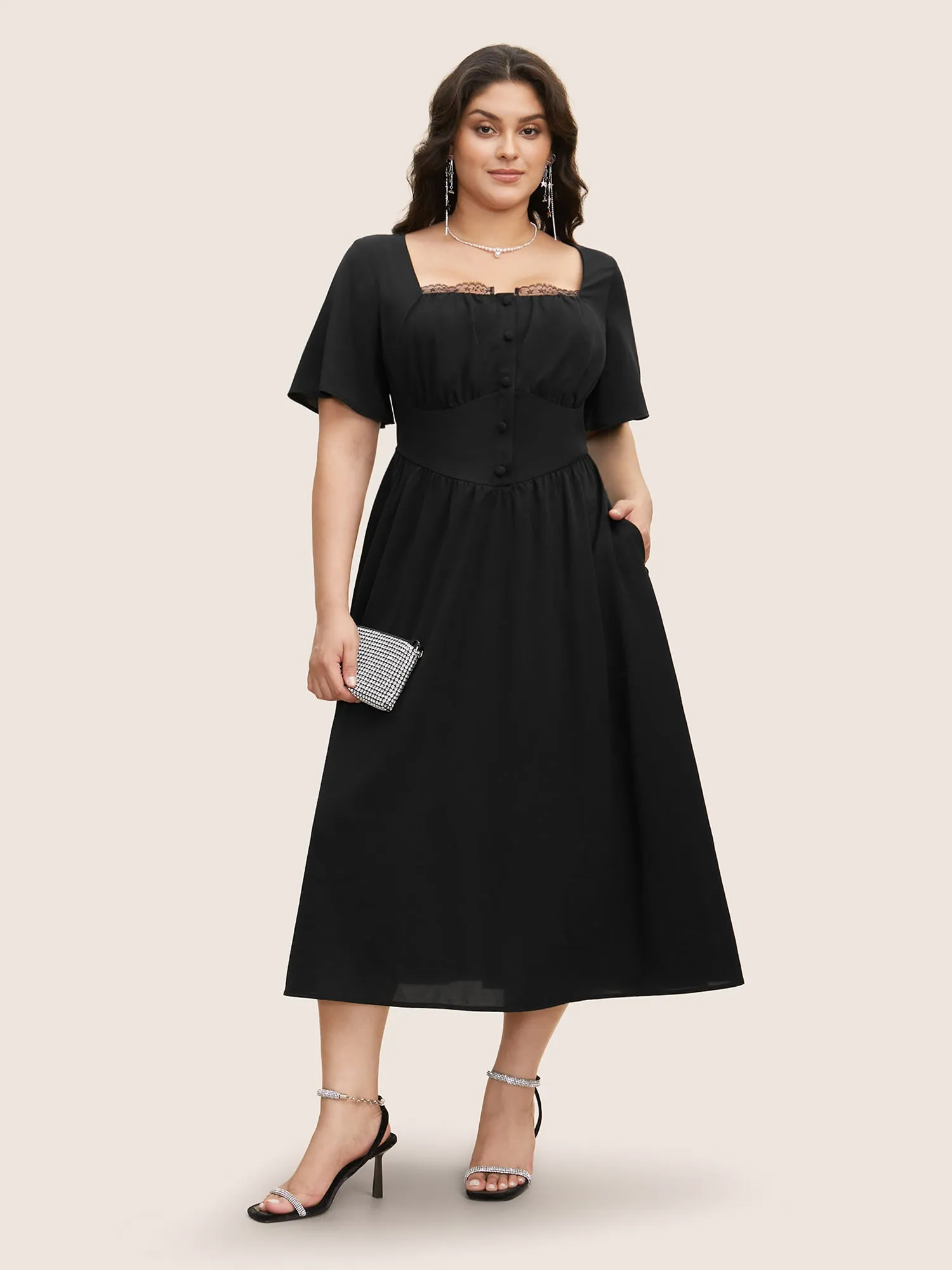 Square Neck Guipure Lace Ruffle Sleeve Dress sold by Bloomchic
