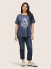 Moon & Star Print Round Neck Curved Hem T-shirt sold by Bloomchic