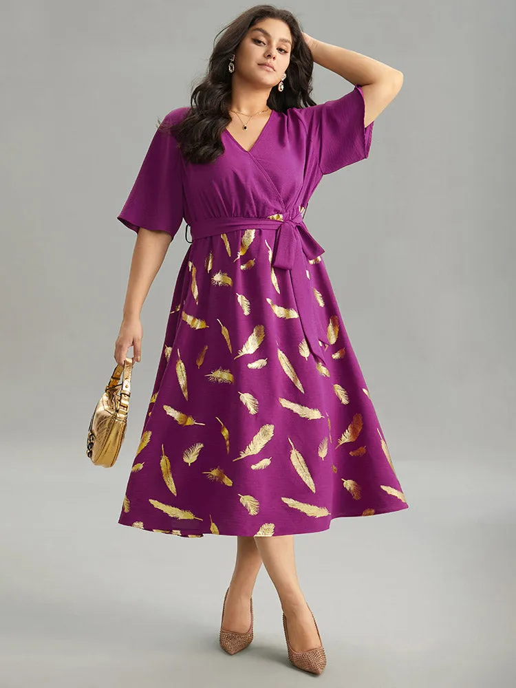 Feather Glitter Elastic Waist Patchwork Wrap Belted Dress sold by Bloomchic