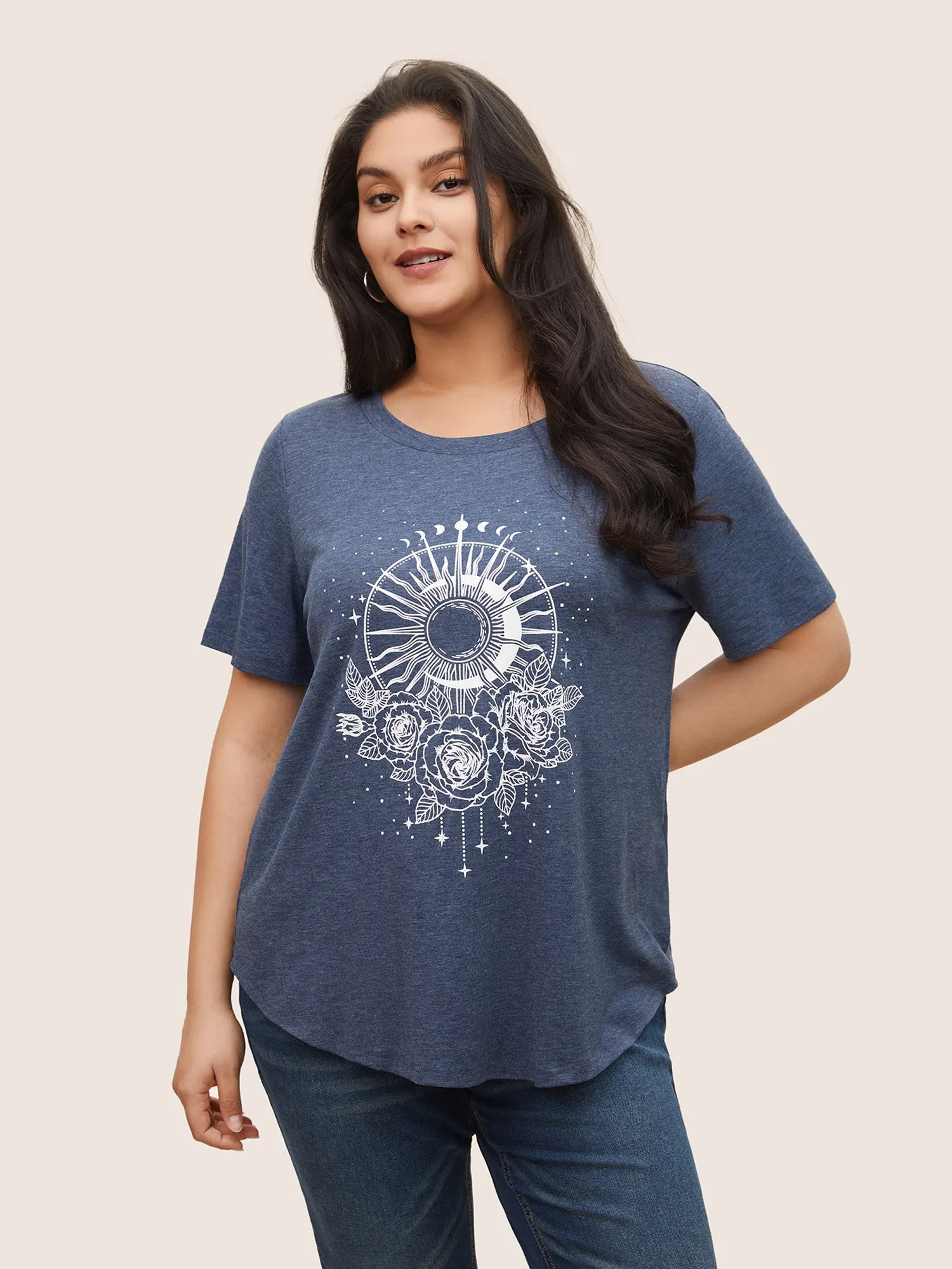 Moon & Star Print Round Neck Curved Hem T-shirt sold by Bloomchic