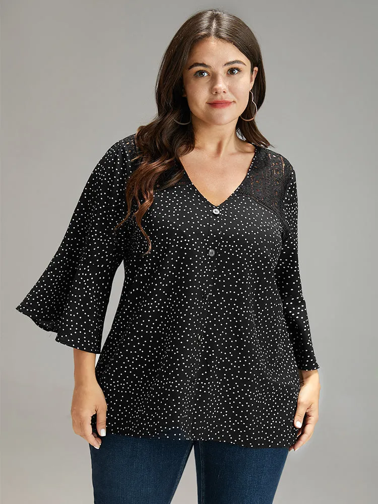Polka Dot Crochet Lace Button Detail Blouse sold by Bloomchic