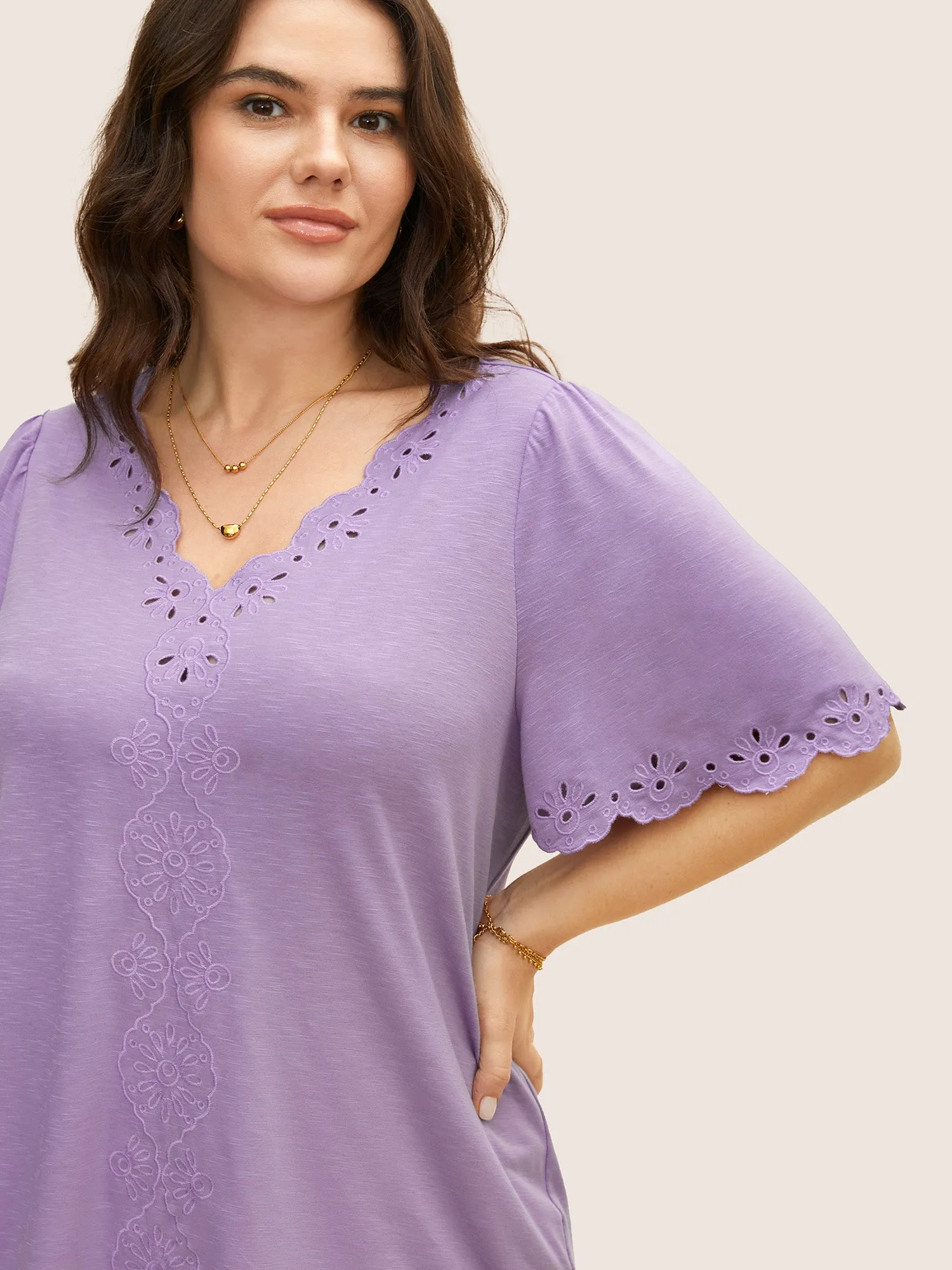 Plain Broderie Anglaise Flutter Sleeve T-shirt sold by Bloomchic