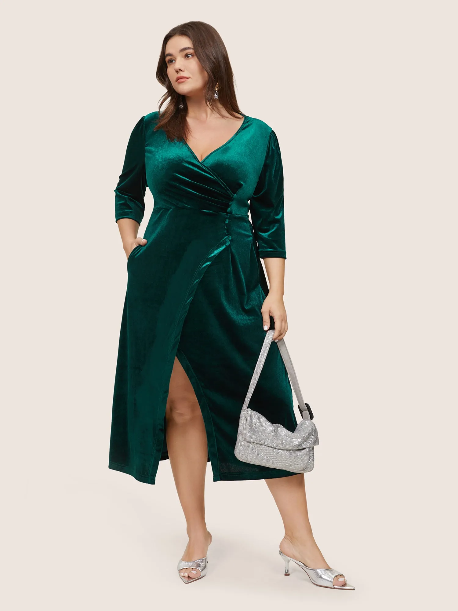 Plain Velvet Wrap Gathered Split Front Dress sold by Bloomchic