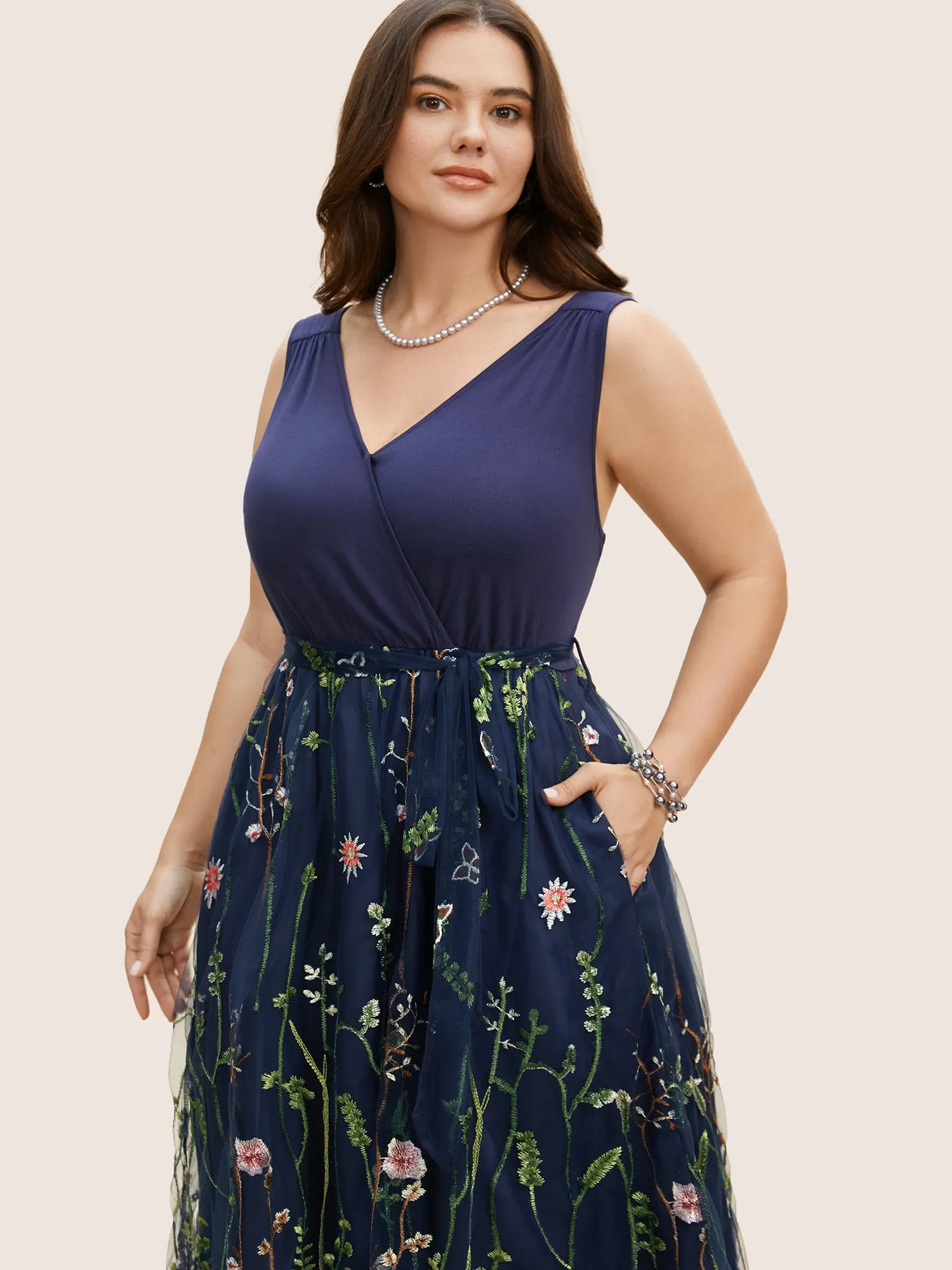 Mesh Floral Embroidered Wrap Sleeveless Dress sold by Bloomchic product image thumbnail 4