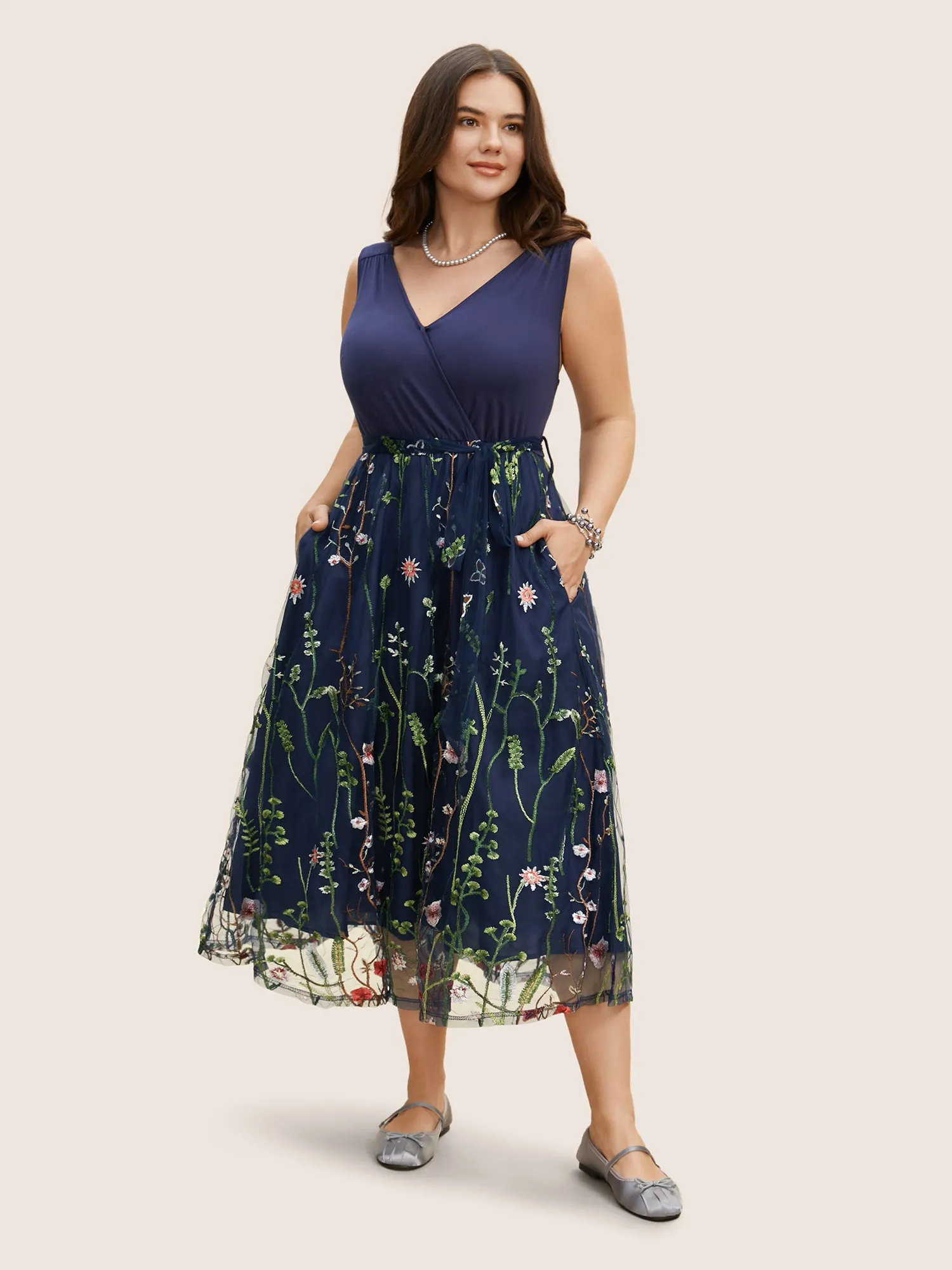 Mesh Floral Embroidered Wrap Sleeveless Dress sold by Bloomchic