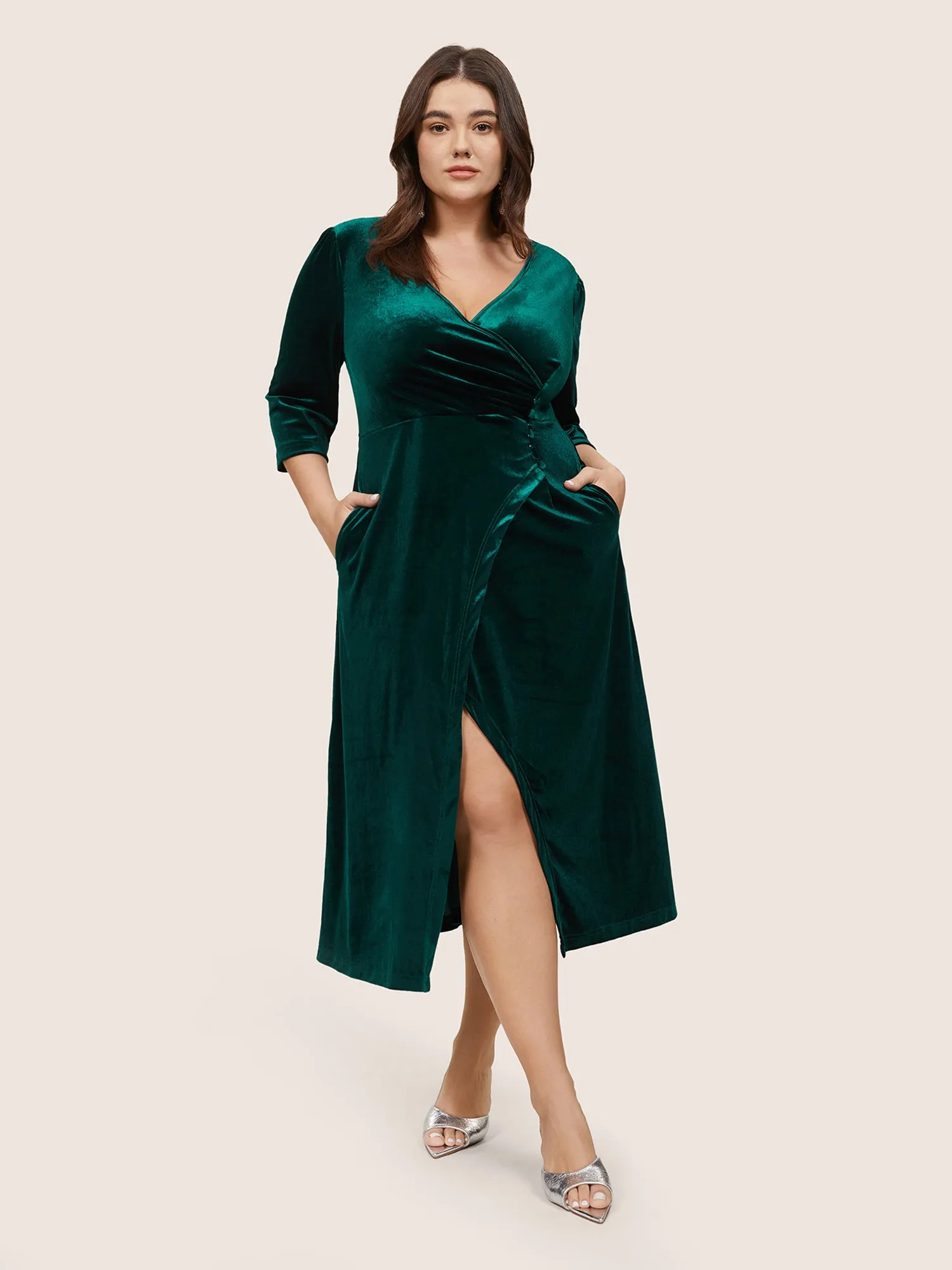 Plain Velvet Wrap Gathered Split Front Dress sold by Bloomchic product image thumbnail 3