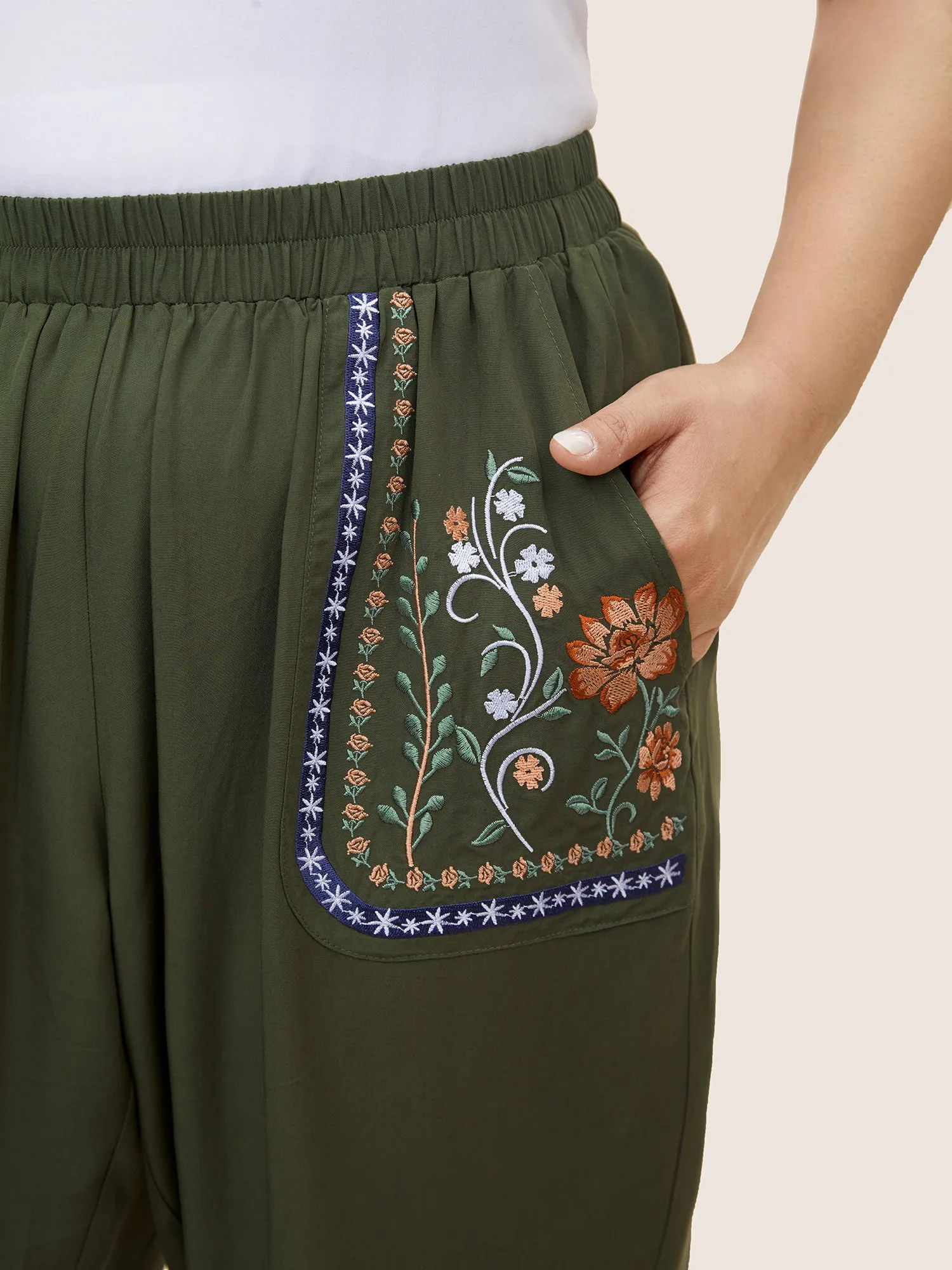Floral Embroidered Elastic Waist Slanted Pocket Pants sold by Bloomchic product image thumbnail 4