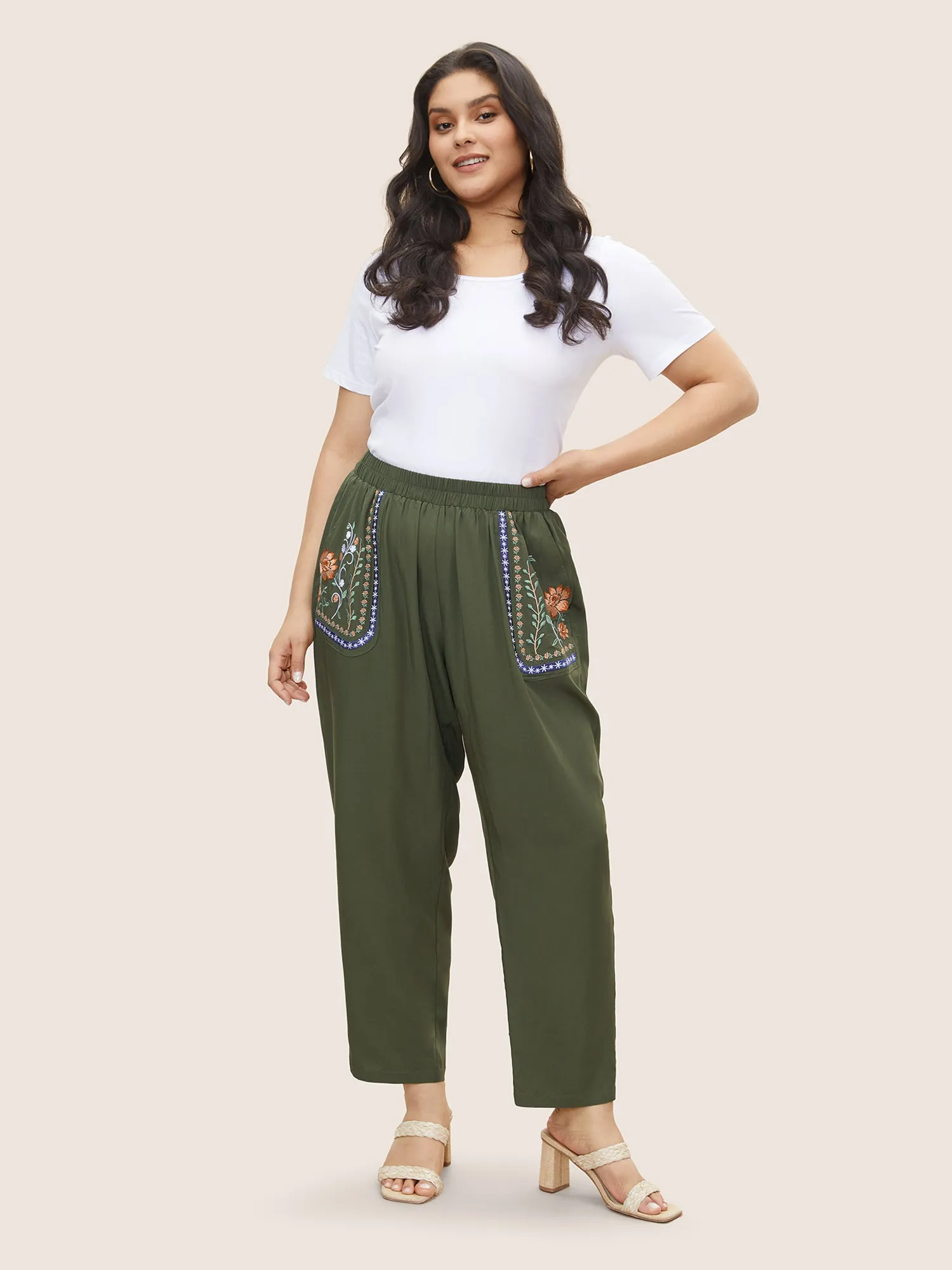 Floral Embroidered Elastic Waist Slanted Pocket Pants sold by Bloomchic product image thumbnail 3
