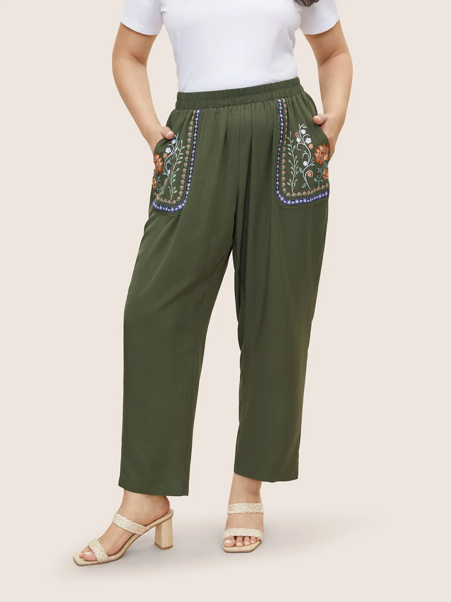 Floral Embroidered Elastic Waist Slanted Pocket Pants sold by Bloomchic