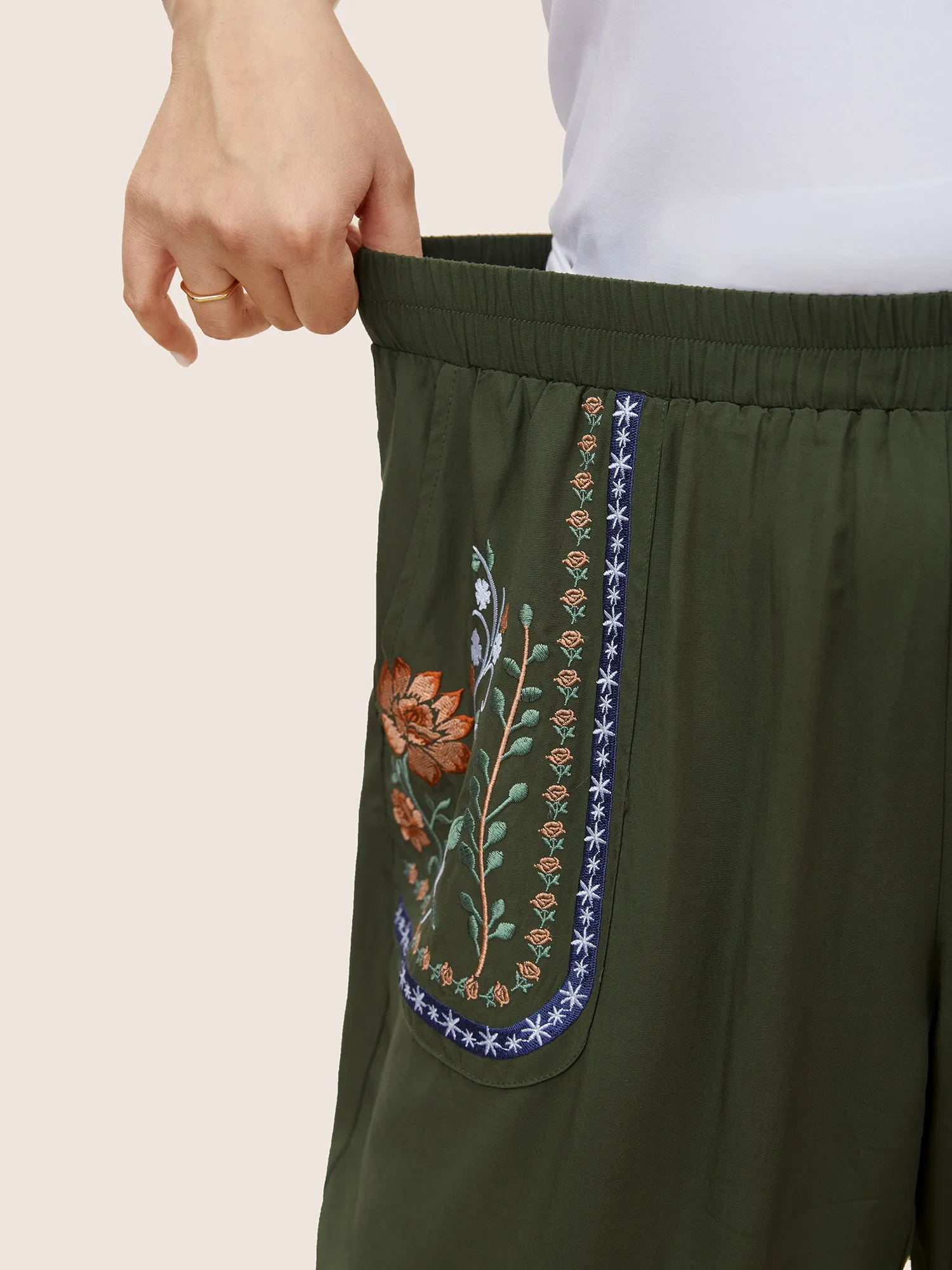 Floral Embroidered Elastic Waist Slanted Pocket Pants sold by Bloomchic product image thumbnail 5