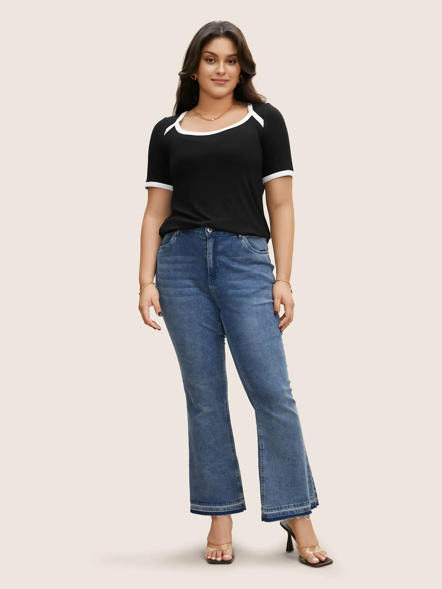 Asymmetrical Neck Contrast Trim Pit Strip T-shirt sold by Bloomchic product image thumbnail 2