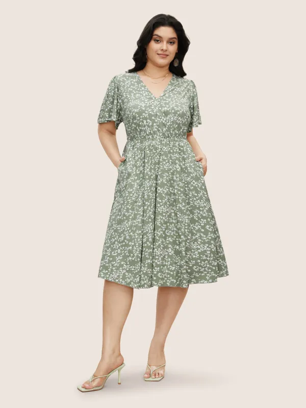 Bloom Dress - Ditsy Floral Elastic Waist Ruffles Pocket Knee Dress sold by Bloomchic