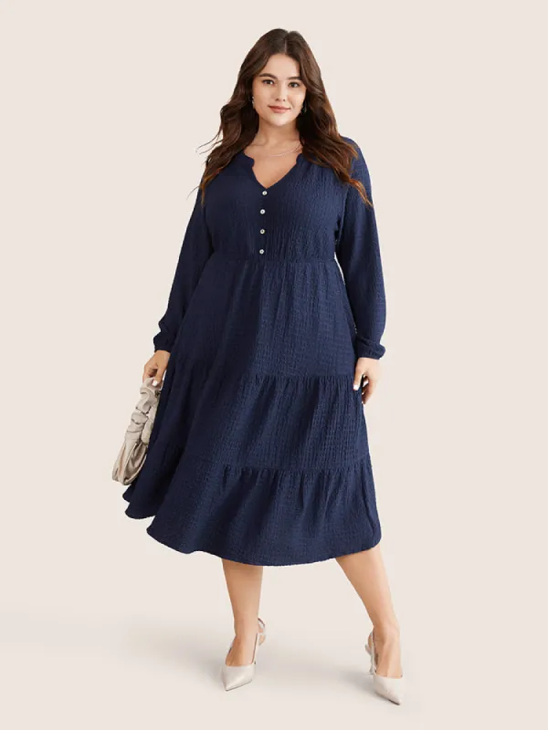 Notched Button Detail Ruffle Layered Hem Dress sold by Bloomchic